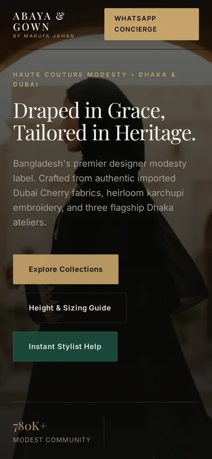 The Abaya and Gown by Marufa | Premier Modest Fashion & Flagship Ateliers website on a phone screen