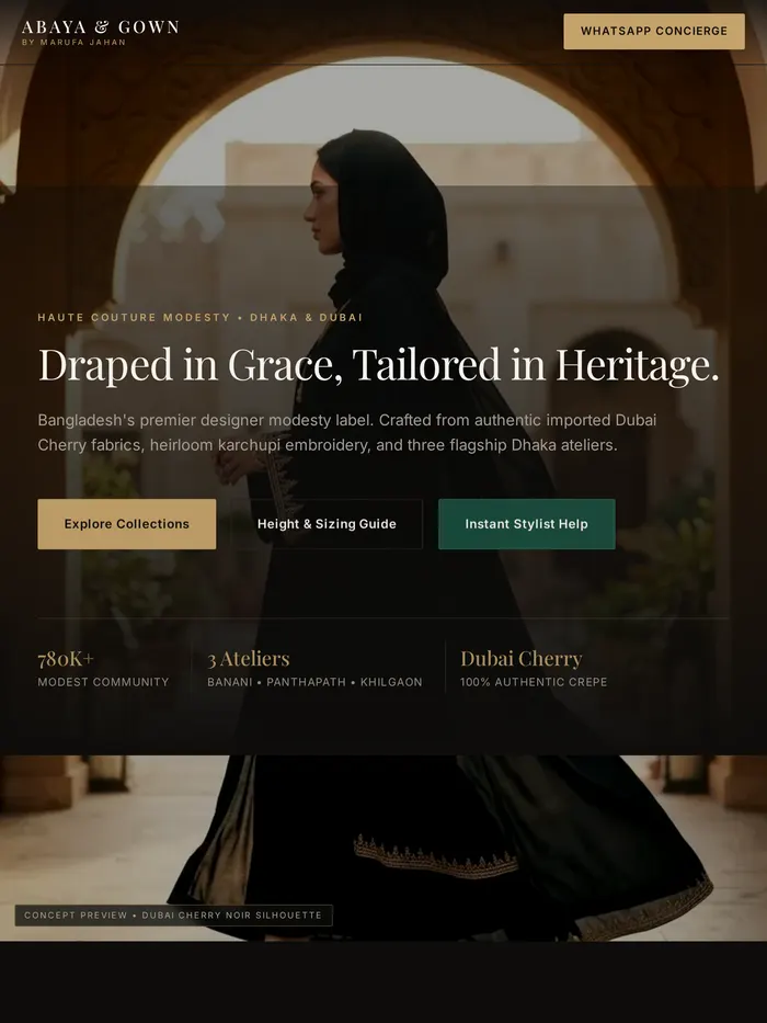 The Abaya and Gown by Marufa | Premier Modest Fashion & Flagship Ateliers website on a tablet screen