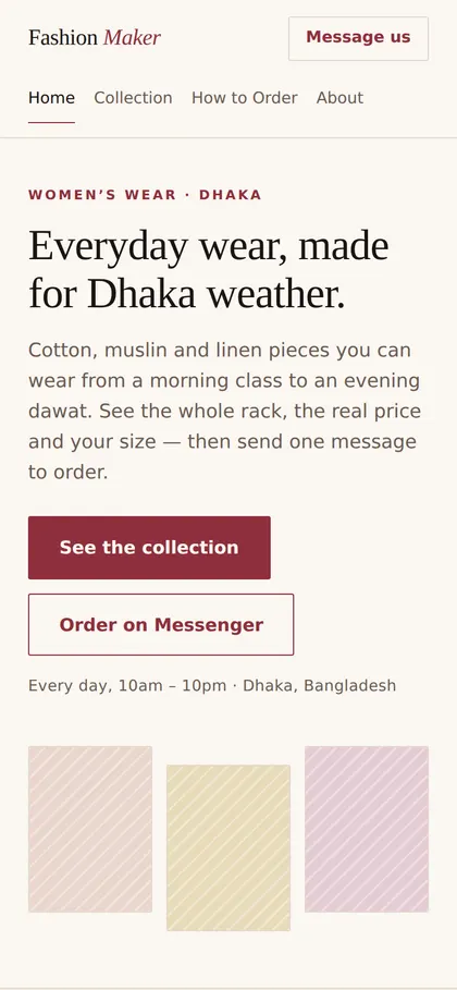 The Fashion Maker website on a phone screen