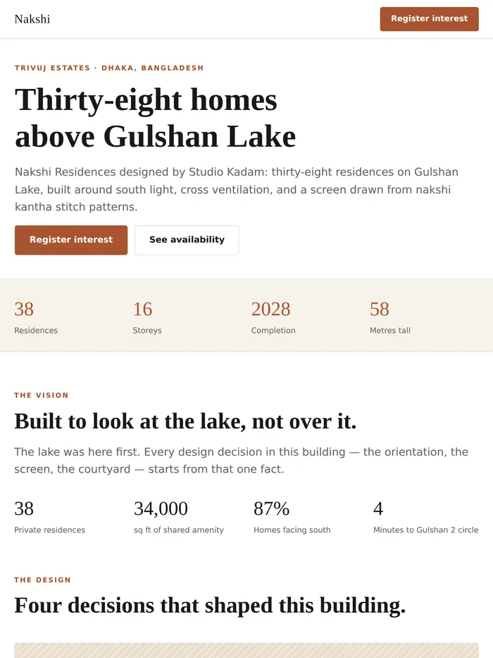 The Nakshi Residences website on a tablet screen