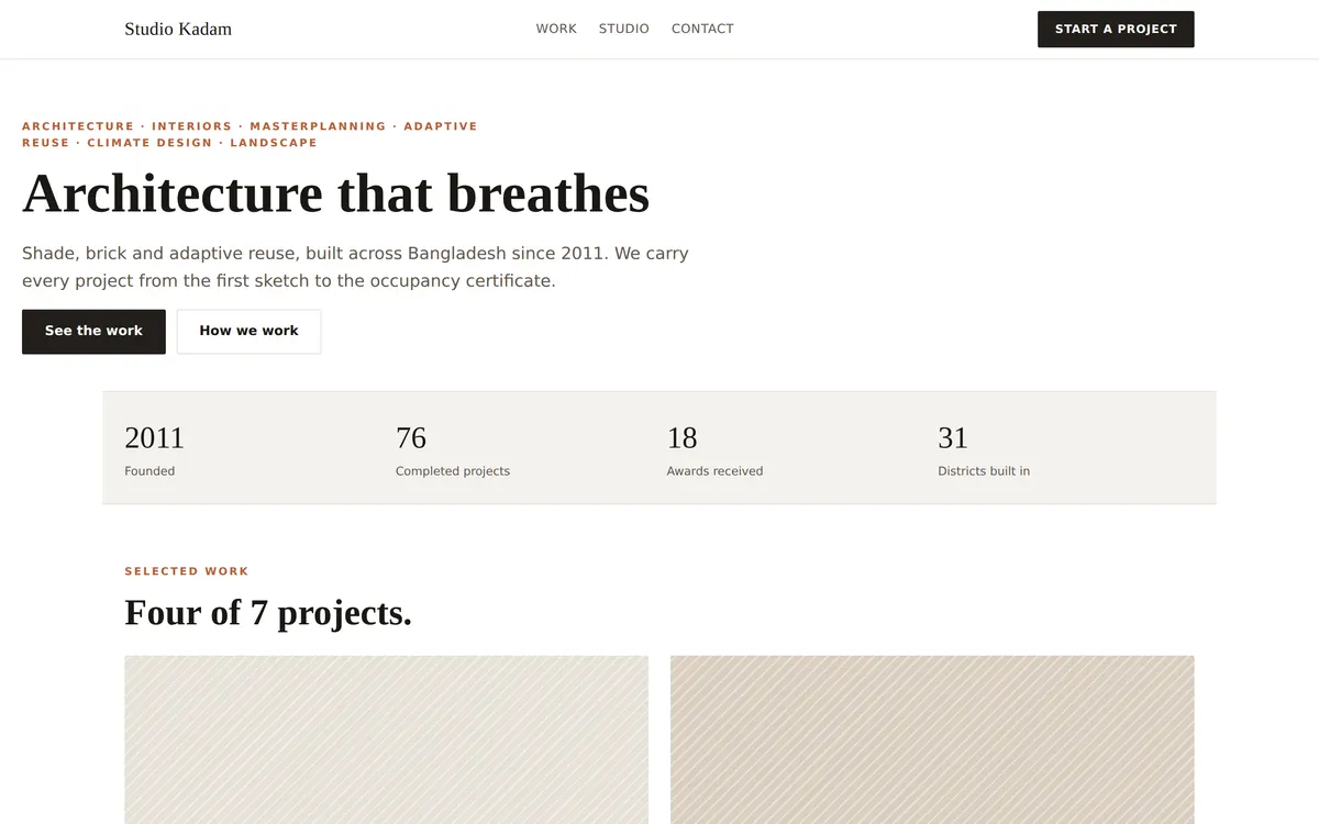 The Studio Kadam website on a desktop screen