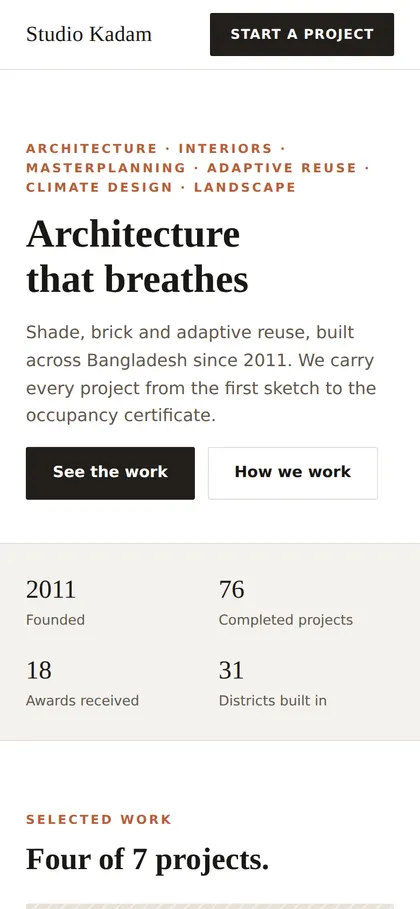 The Studio Kadam website on a phone screen